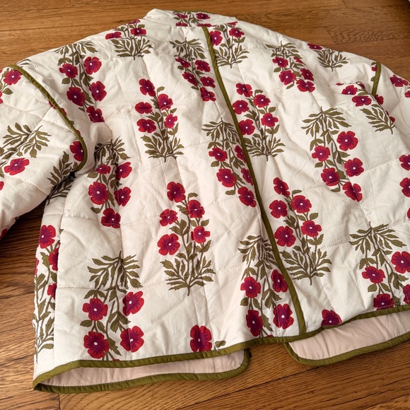 ANTHROPOLOGIE Cream Quilted Jacket with Pink Floral Print and Olive Trim - Picture 6 of 6